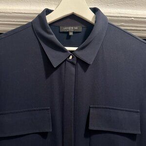 Lafayette 148 Short Sleeve Doha Midi Shirtdress in Midnight Blue Size Large